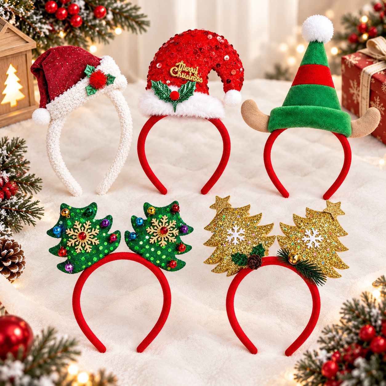 Reindeer Antlers Headband - ที่คาดผมคริสต์มาส หมวกซานต้า ต้นคริสต์มาสตุ๊กตา ที่คาดผมเขากวางเรนเดียร์ อุปกรณ์ประกอบฉากถ่ายรูปสำหรับงานปาร์ตี้คริสต์มาส ที่คาดผมสำหรับเด็กและผู้ใหญ่