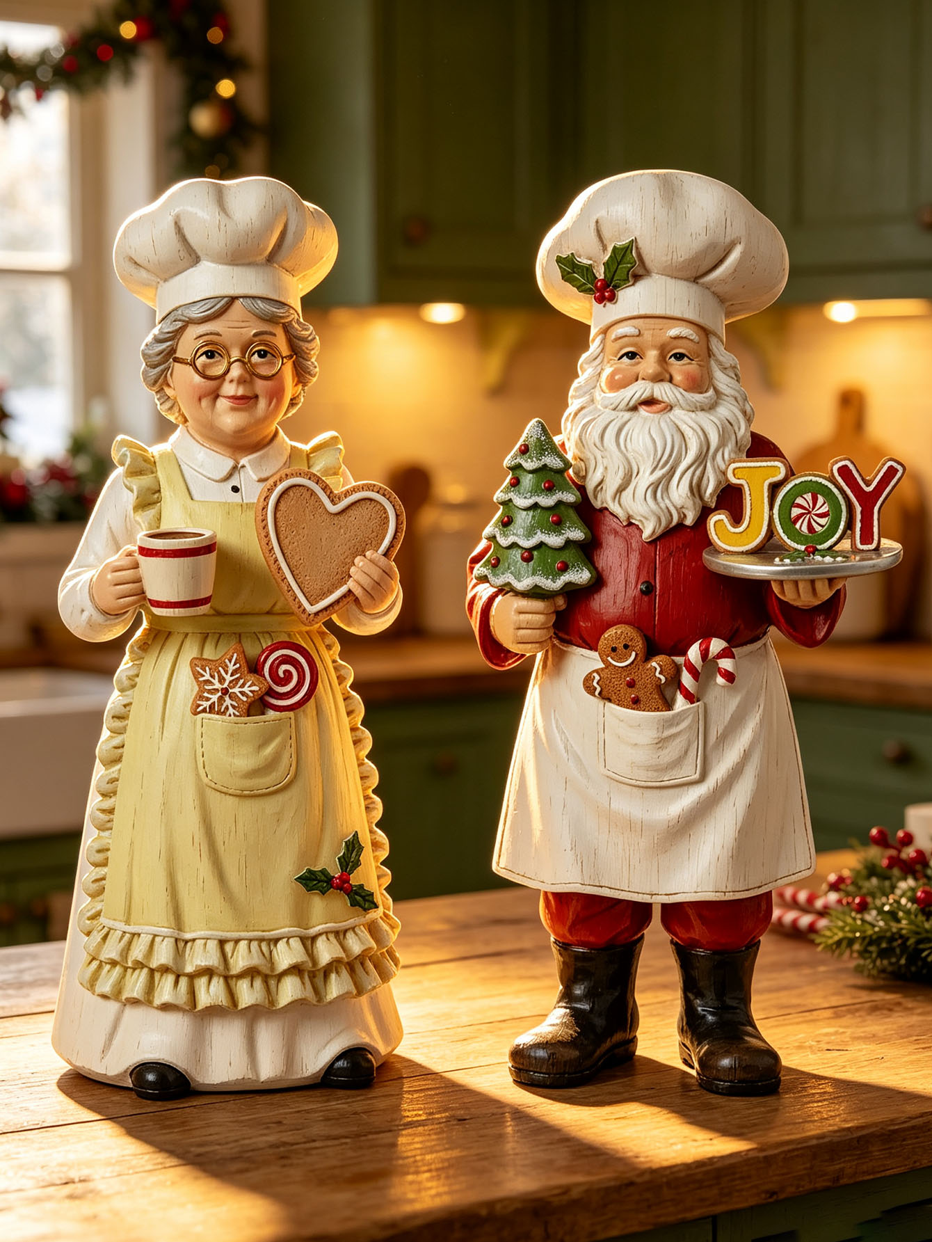 Nutcracker Figurine - ชุดของประดับตกแต่งคริสต์มาส 2 ชิ้น ประกอบด้วย ซานตาคลอสในชุดเชฟ และ