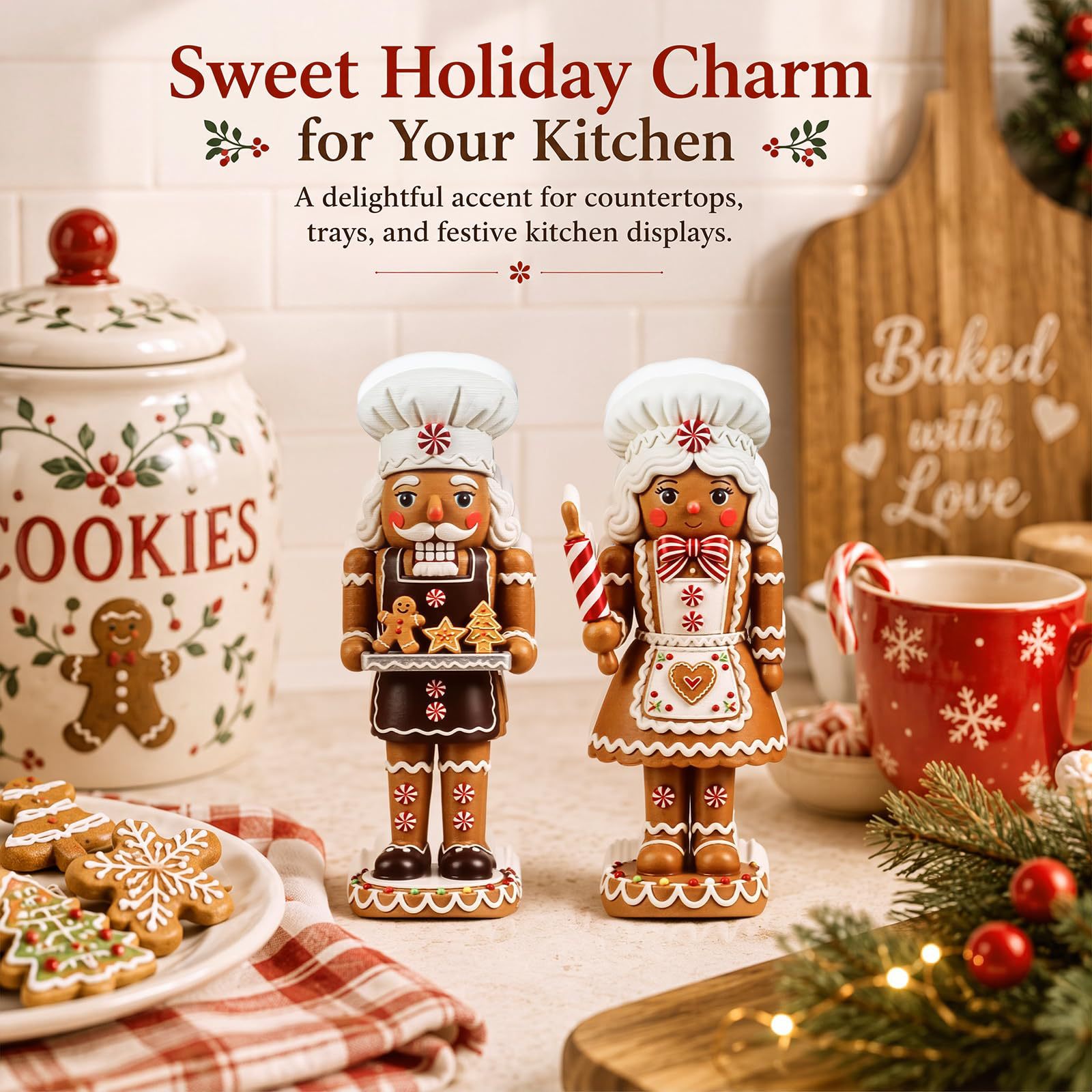 Nutcracker Figurine - ชุดของตกแต่งไม้รูปตุ๊กตาถั่วแตก 2 ชิ้น – เหมาะสำหรับเป็นของขวัญคริสต์มาส ของตกแต่งงานปาร์ตี้
